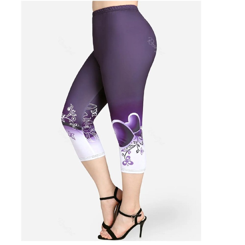 Rosegal Women´s Plus Size High Waist Floral Heart Print Capri Skinny Leggings